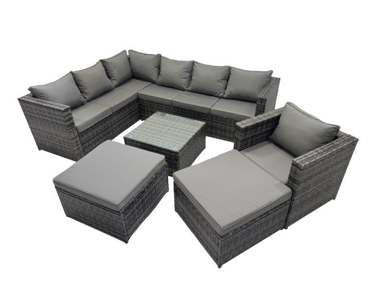 Fimous Rattan Garden Furniture Patio Furniture Sets with Corner Sofa Chair Square Coffee Table 2 Big Footstools Dark Grey Mixed