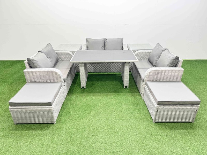 Fimous 8 Seater Patio Garden Furniture Sets with Black Glass Top Dining Table Love Sofa 2 Side Tables 2 Big Stool Light Grey