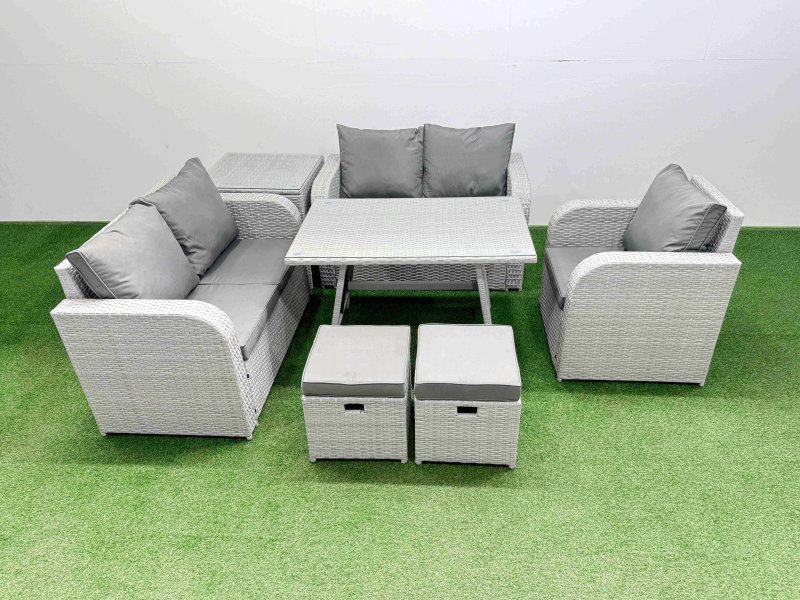 Fimous 7 Seater Outdoor Rattan Garden Furniture Set Love Sofa Reclining Chair Set with Rectangular Dining Table Side Table 2 Small Footstools Light Grey