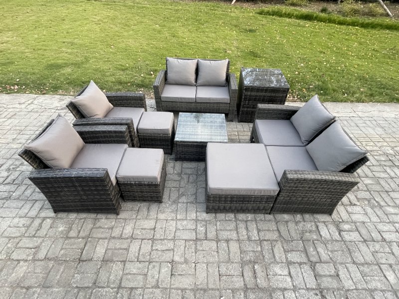 Fimous Outdoor Garden Furniture Sets 9 Pieces Wicker Rattan Furniture Manual Wicker Patio Sofa Patio Conversation Set with 3 Footstools Side Table Dark Grey Mixed