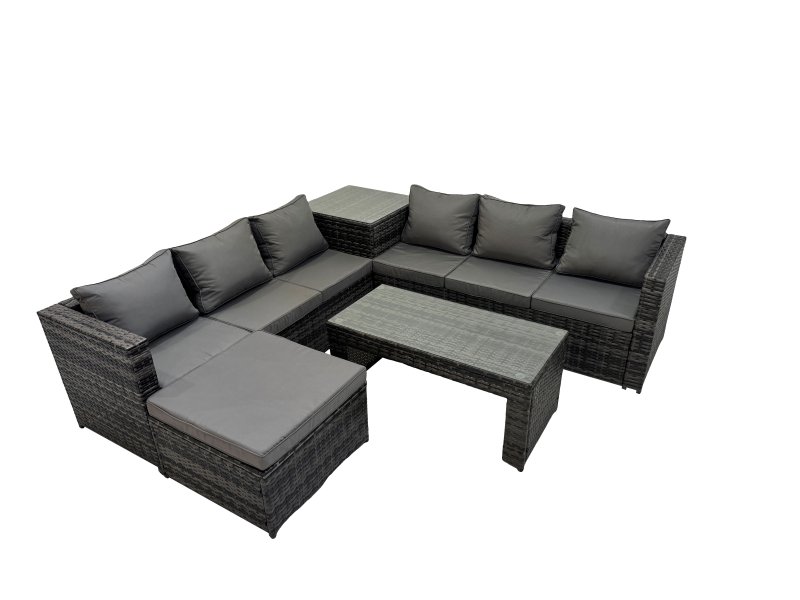 Fimous Garden Rattan Outdoor Furniture Set 7 Seater Patio Corner Sofa Oblong Coffee Table with Big Stool Side Table Dark Grey