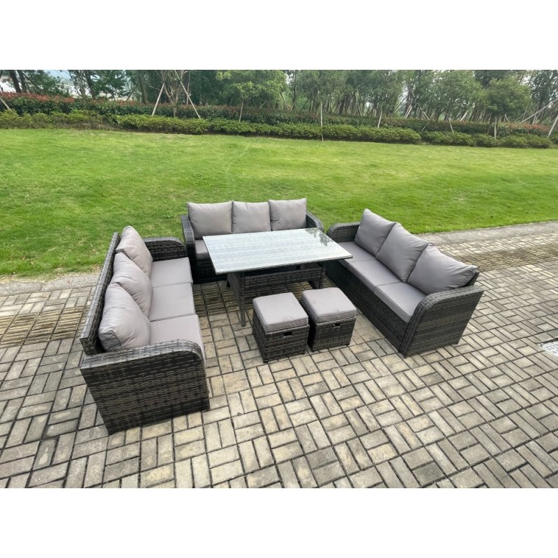 Fimous Rattan Garden Furniture Set with Oblong Rectangular Dining Table 2 Small Footstools 11 Seater Outdoor Lounge Sofa Set Dark Grey Mixed