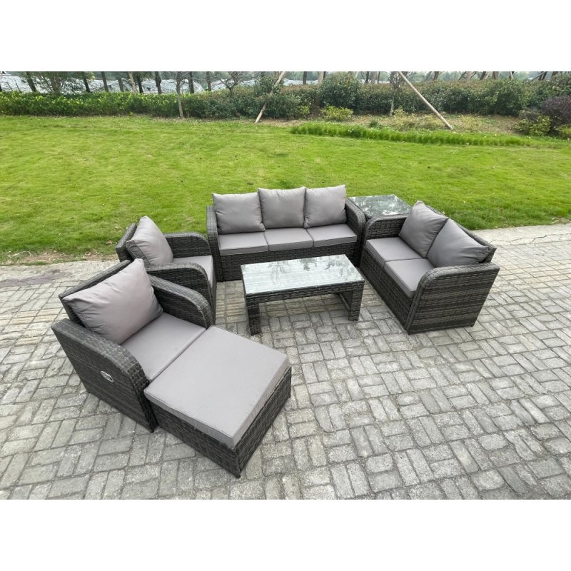 Fimous 8 Seater Outdoor Rattan Garden Furniture Set Patio Lounge Sofa Set with Rectangular Coffee Table Big Footstool Side Table Dark Grey Mixed