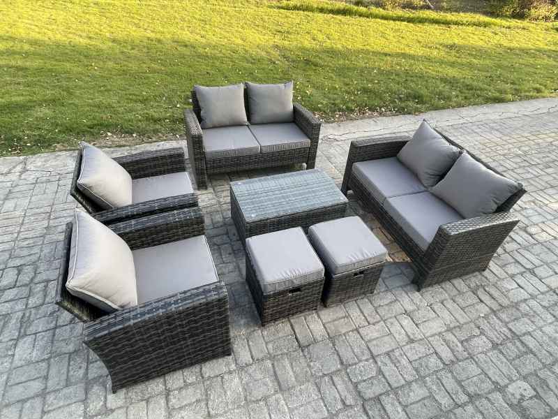 Fimous Garden Furniture Sets 7 Pieces Outdoor Rattan Furniture Manual Wicker Patio Sofa Chair Set with Coffee Table 2 Small Footstools Dark Grey Mixed