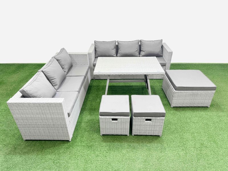 Fimous Rattan Garden Furniture Dining Set 9-seater Patio Rectangular Table 3 Seater Sofa Set with 3 Stools Light Grey