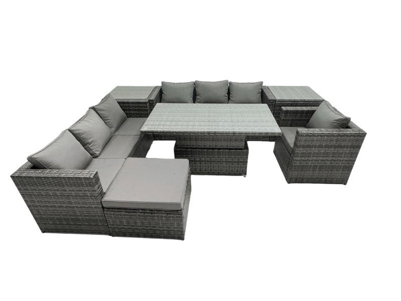 Fimous Rattan Dining Table Sofa Set with 2 Side Table Big Footstool Armchair Outdoor 8 Seat Garden Furniture Set Dark Grey Mixed