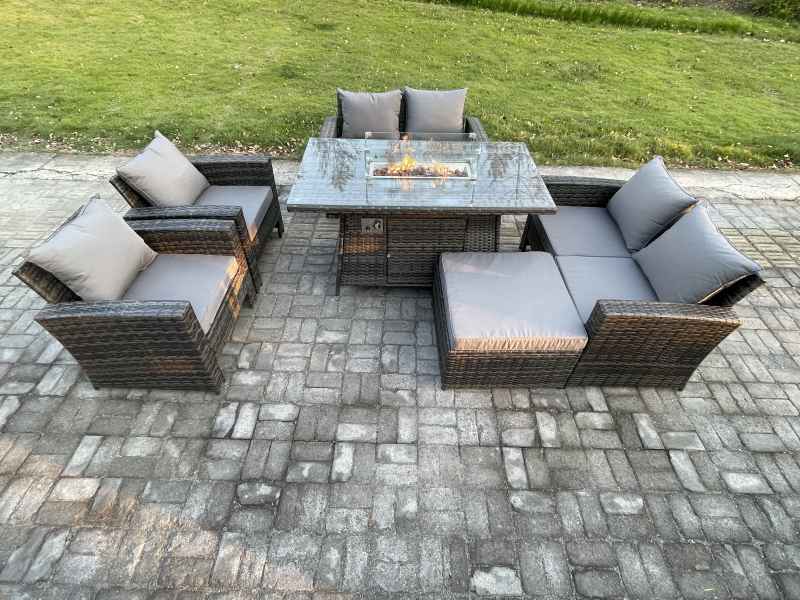 Fimous Wicker PE Rattan Garden Furniture Sets 7 Seater Patio Outdoor Gas Firepit Dining Table Heater Set with Double Seat Sofa Big Footstool Dark Grey Mixed