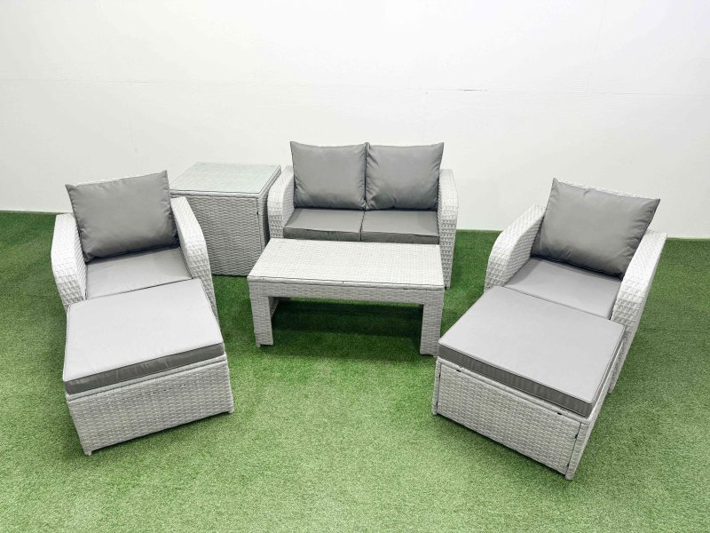 Fimous Light Grey PE Wicker Rattan Garden Furniture Set Sofa Set Reclining Adjustable Chair Oblong Coffee Table 6 Seater 2 Big Stools Side Table