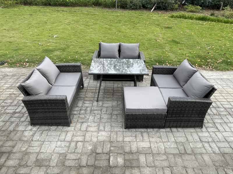 Fimous 7 Seater Rattan Wicker Garden Furniture Patio Conservatory Sofa Set with Rectangular Dining Table Love Seat Sofa Big Footstool