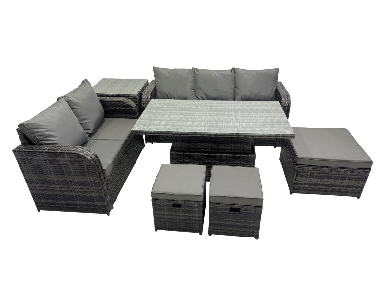 Fimous Rattan Garden Furniture Dining Set 8-seater Patio Height Adjustable Rising Lifting Table Sofa Set with 3 Footstools Side Table Dark Grey Mixed