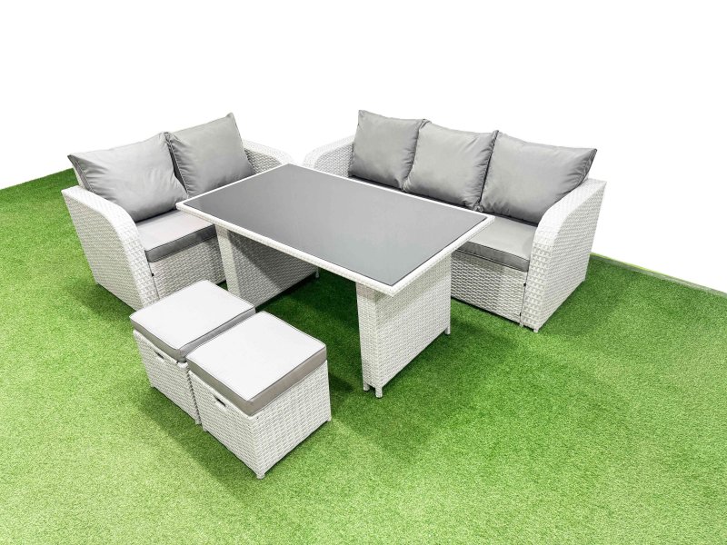 Fimous Garden Furniture Set PE Ratten Garden Sofa Set with Rectangular Dining Table 2 Small Stools Light Grey