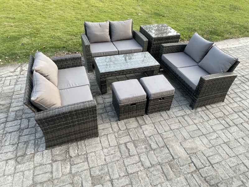 Fimous 7 PCS Outdoor Lounge Sofa Set Wicker PE Rattan Garden Furniture Set with Coffee Table Double Seater Sofa Side Table 2 Small Footstools Dark Grey Mixed