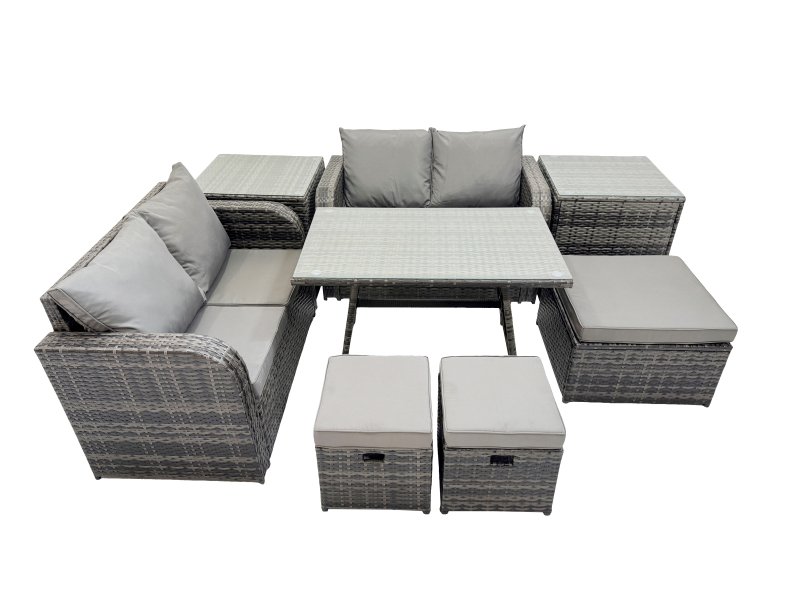 Fimous 7 Seater Garden Outdoor Rattan Furniture Set Rattan Sofa Oblong Dining Table with 2 Side Tables Dark Grey