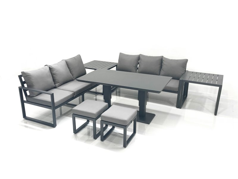 Fimous 8 Seater Aluminium Outdoor Garden Furniture Set with Adjustable Rising Lifting Dining Table 3 Seater Sofa 2 Small Footstool 2 Side Tables Dark Grey