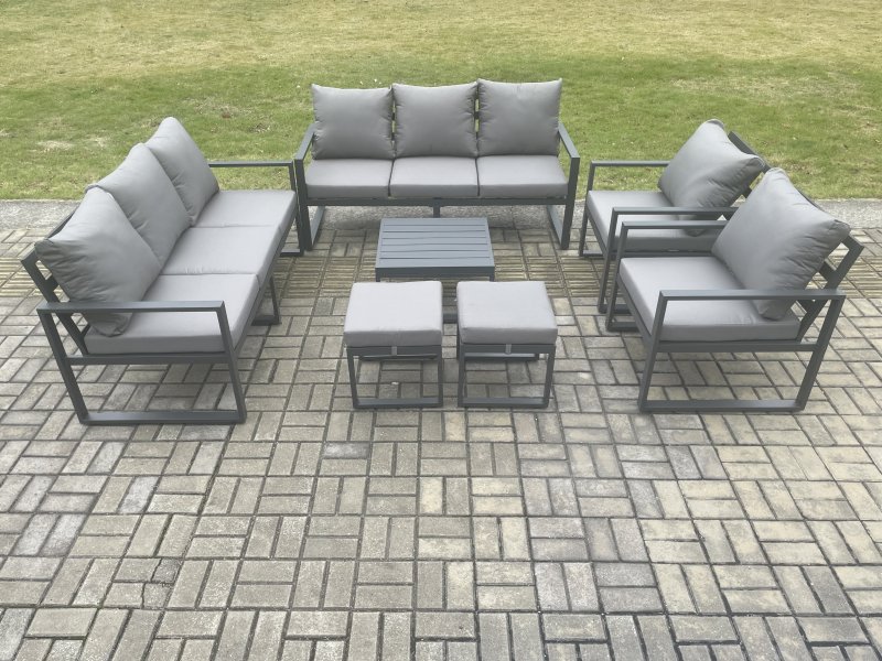 Fimous Aluminium Patio Outdoor Garden Furniture Lounge Sofa Set with Square Coffee Table 2 Chairs 2 Small Footstool Dark Grey