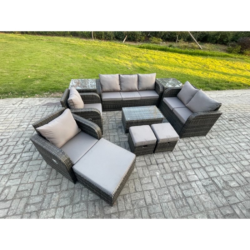 Fimous Patio Garden Furniture Sets Wicker 10 Seater Outdoor Rattan Furniture Sofa Sets with Rectangular Coffee Table Reclining Chair Loveseat Sofa 2 Side Tables 3 Footstools