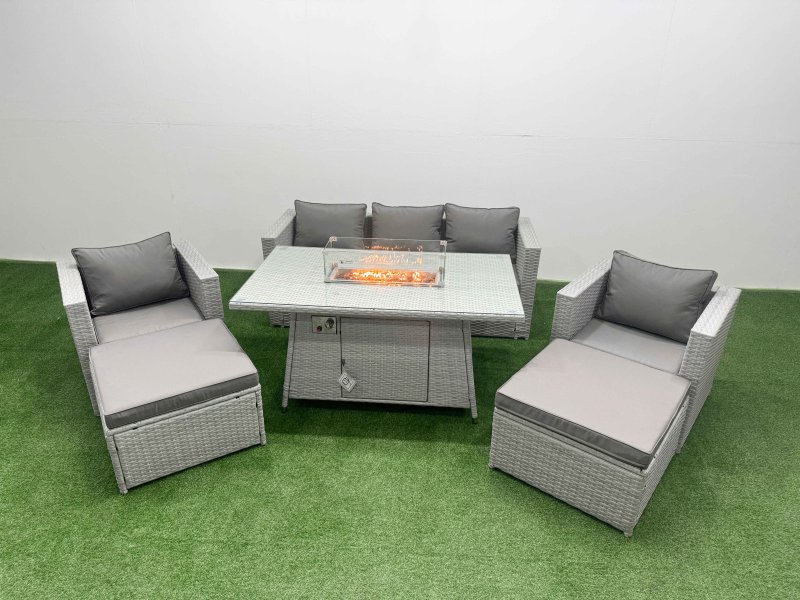 Fimous 7 Seat PE Rattan Lounge Sofa Set Outdoor Garden Furniture Set with Firepit Dining Table 3 Seater Sofa 2 Big Footstools Light Grey