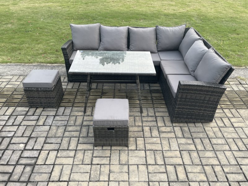 Fimous Outdoor Furniture Garden Dining Set Rattan Corner Sofa Set Rectangular Dining Table with Temper Glass 2 Small Footstools Dark Grey Mixed
