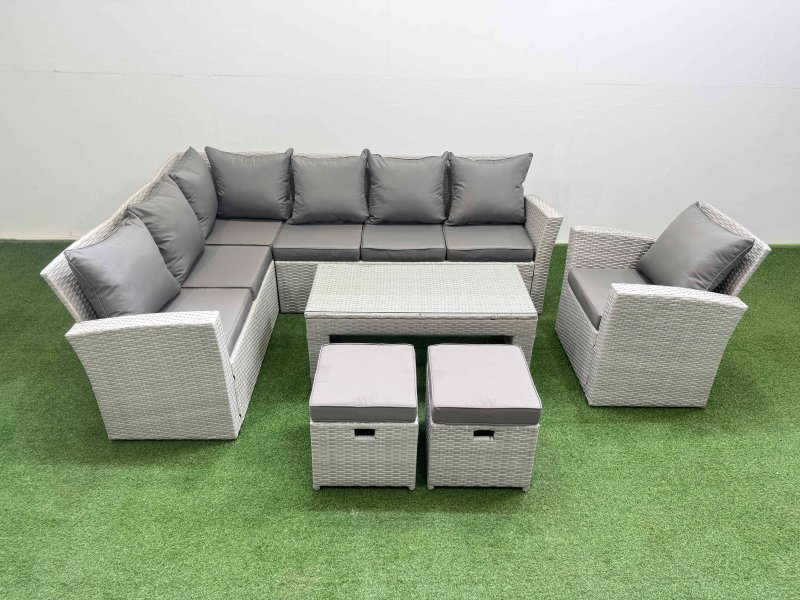 Fimous Rattan Garden Furniture Set Outdoor 9 Seater Corner Sofa Sets with Oblong Coffee Table Chair 2 Small Footstools Light Grey Mixed