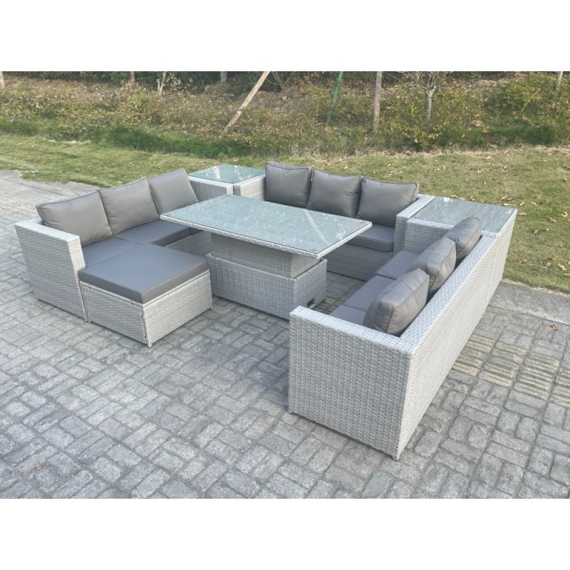 Fimous U Shape Lounge Rattan Garden Furniture Set Height Adjustable Rising Lifting Table Dining Set With 2 PC Side Coffee Table Footstool