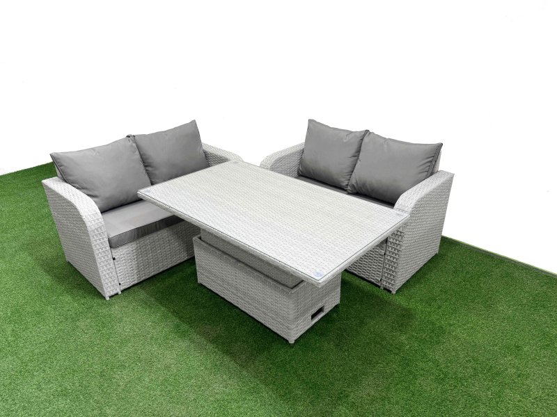Fimous 4 Seater Outdoor Love Sofa Set Rattan Garden Furniture Set with Adjustable Lifting Dining or Coffee Table Light Grey