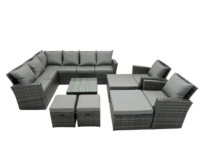Fimous 12 Seat Poly Rattan Outdoor Patio Coffee Table Corner Sofa Set with 4 Stool 2 Chairs for Garden Backyard Dark Grey Mixed