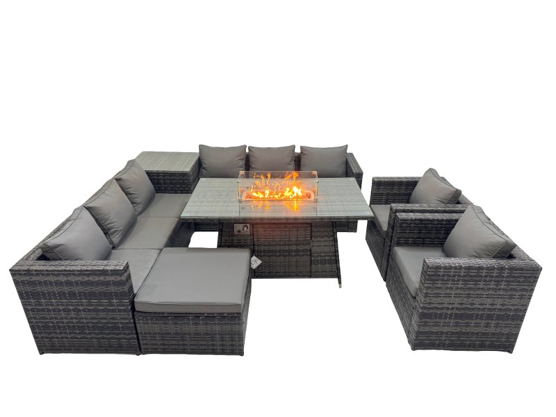 Fimous 9 Seater Garden Outdoor Rattan Furniture Set Patio Corner Sofa Gas Firepit Dining Table with Side Table Big Stool Dark Grey