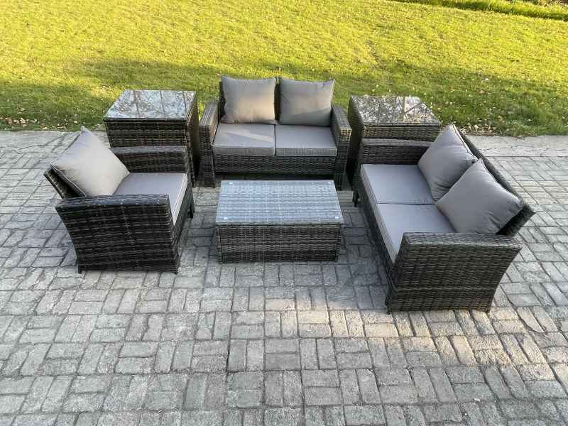 Fimous Rattan Garden Furniture Set 5 Seater Patio Outdoor Lounge Sofa Chair Set with 2 Side Tables Rectangular Coffee Table Dark Grey Mixed