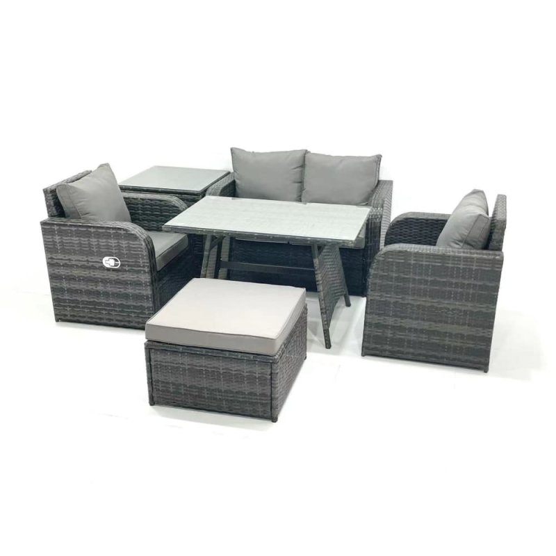 Fimous Outdoor Garden Furniture Set Rattan Sofa Dining Table Set with Reclining Chair Side Table Big Footstool Dark Grey Mixed