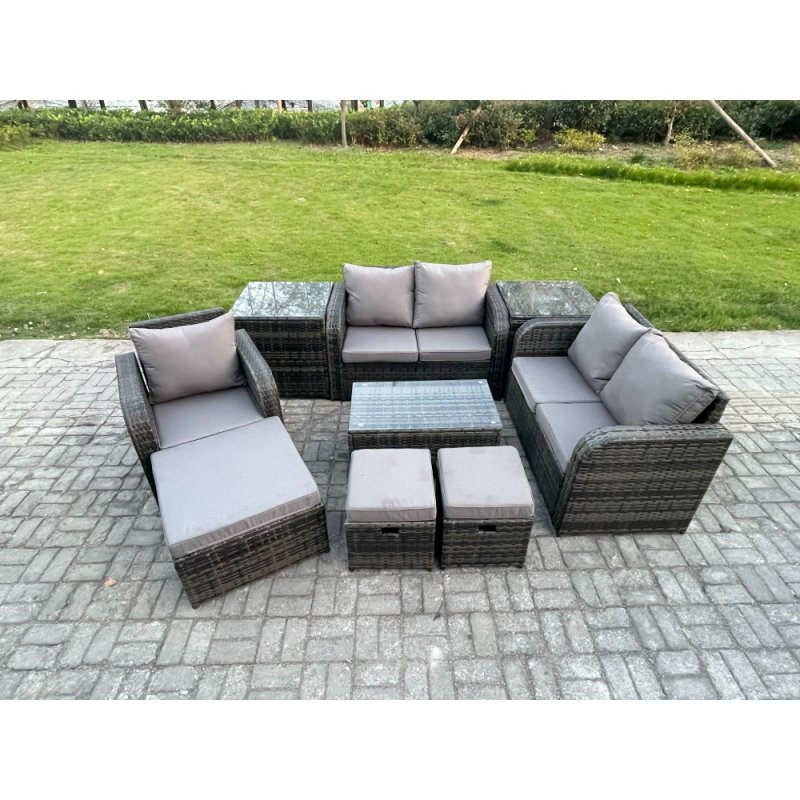 Fimous 8 Seater High Back Rattan Garden Furniture Set with Loveseat Sofa Rectangular Coffee Table 3 Footstools 2 Side Tables Indoor Outdoor Patio Lounge Sofa Set Dark Grey Mixed