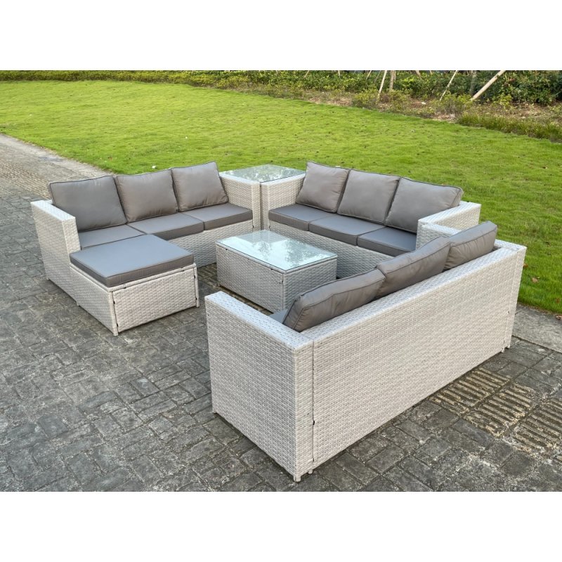 Fimous 10 Seat Light Grey Lounge Outdoor PE Rattan Garden Furniture Set Wicker Sofa Set Oblong Coffee Table Side Table Footstool