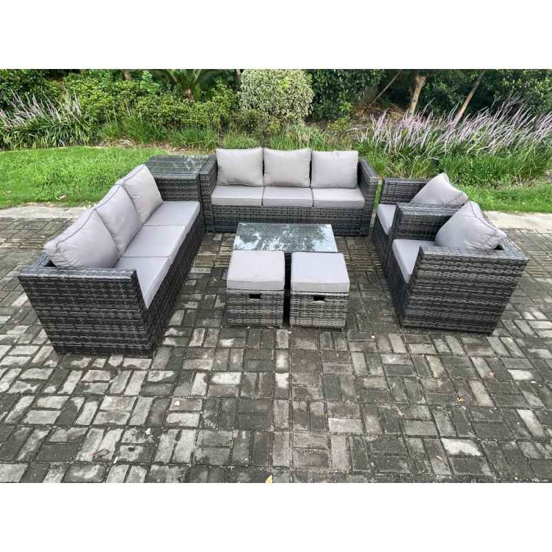 Fimous Outdoor Lounge Sofa Set Wicker PE Rattan Garden Furniture Set with 2 Armchairs Oblong Coffee Table Side Table 2 Small Footstools Dark Grey Mixed