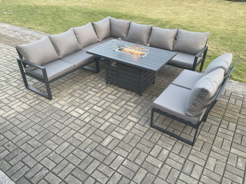 Fimous Aluminium 9 Seater Lounge Corner Sofa Outdoor Garden Furniture Sets Gas Fire Pit Dining Table Set Dark Grey