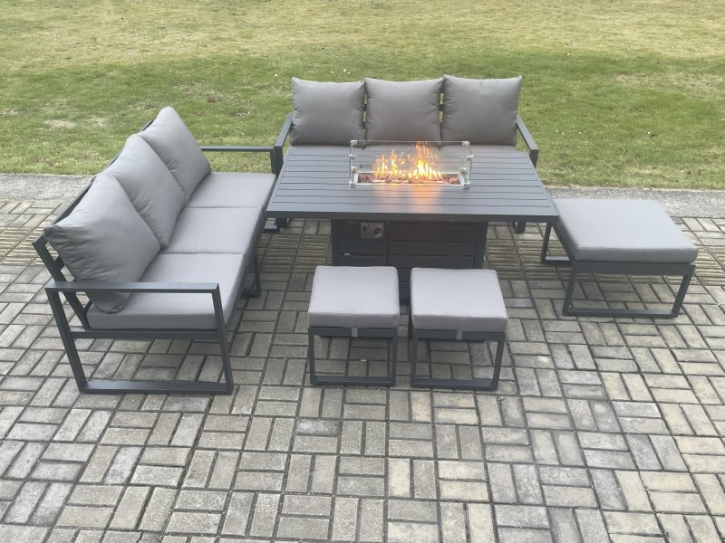 Fimous Aluminium Outdoor Lounge Sofa Garden Furniture Sets Gas Fire Pit Dining Table Set with 3 Footstools Dark Grey