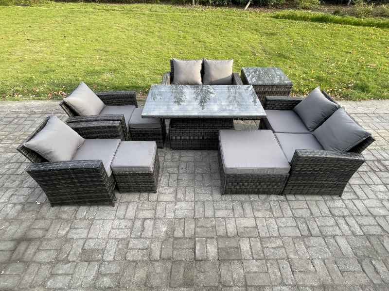 Fimous Outdoor Garden Furniture Sets 9 Pieces Wicker Rattan Furniture Sofa Dining Table Set with 3 Footstools Side Table Dark Grey Mixed