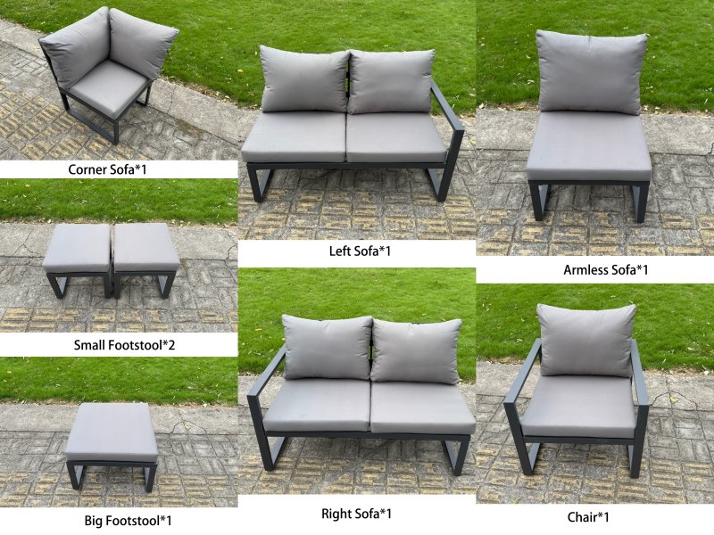 Fimous Aluminium Adjustable Rising Lifting Dining Table Sofa Set 9 Seat Aluminium Garden Furniture Sets with 3 Footstools Dark Grey
