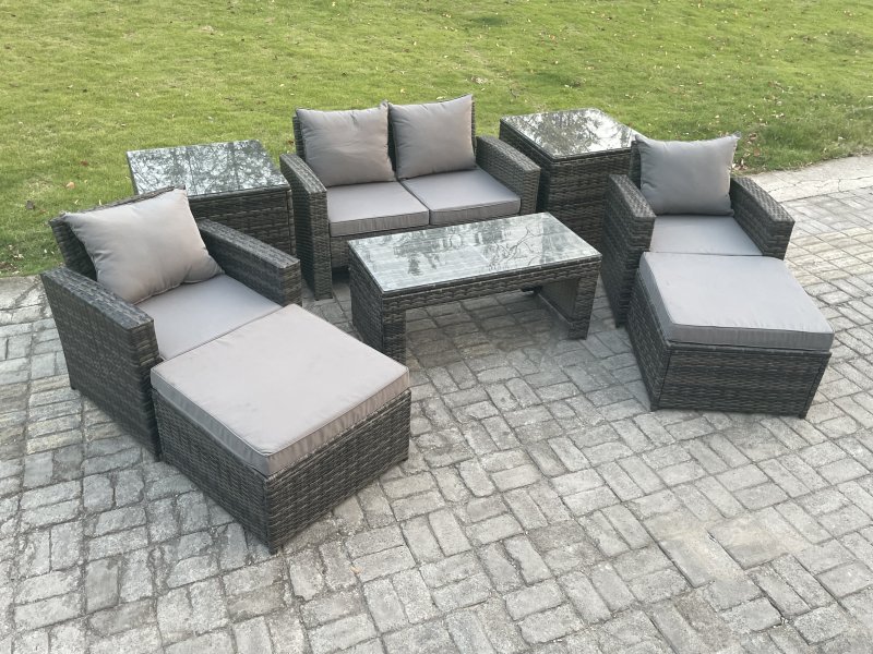 Fimous 8 PCS Outdoor Lounge Sofa Set Wicker PE Rattan Garden Furniture Set with Rectangular Coffee Table Armchair 2 Big Footstool 2 Side Tables Dark Grey Mixed