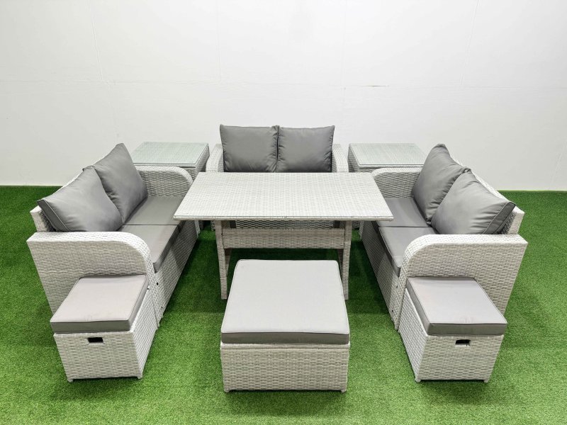 Fimous 9 Seater PE Wicker Rattan Furniture Sofa Sets with Rectangular Dining Table 2 Seater Love Sofa 3 Stool 2 Side Table Light Grey