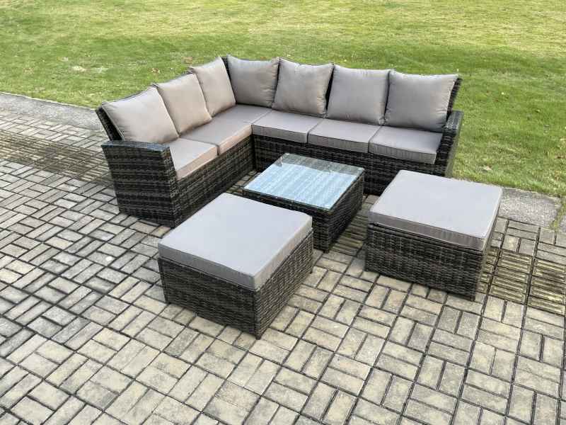 Fimous Rattan Garden Furniture Set Outdoor Lounge Corner Sofa Set With Square Coffee Table 2 Big Footstool 8 Seater Dark Grey Mixed