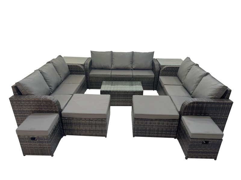 Fimous Outdoor 3 Seater Sofa Coffee Table Set Garden Rattan Furniture Set 13 Seater with 2 Side Tables 4 Stools Dark Grey
