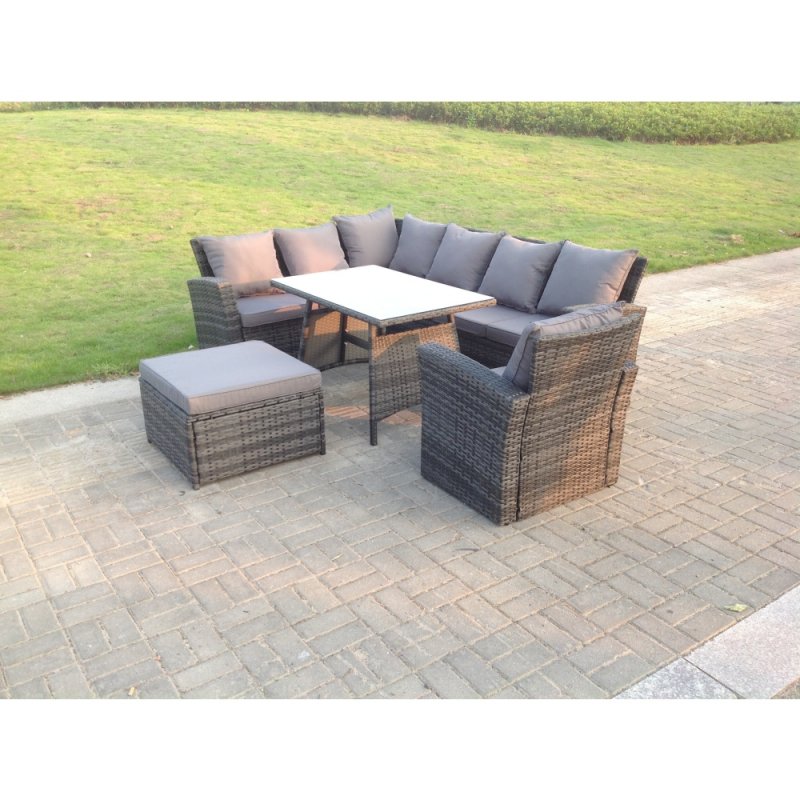 Fimous 8 Seater High Back Rattan Garden Furniture Set Corner Sofa With Oblong Dining Table Footstool With Arm Chair