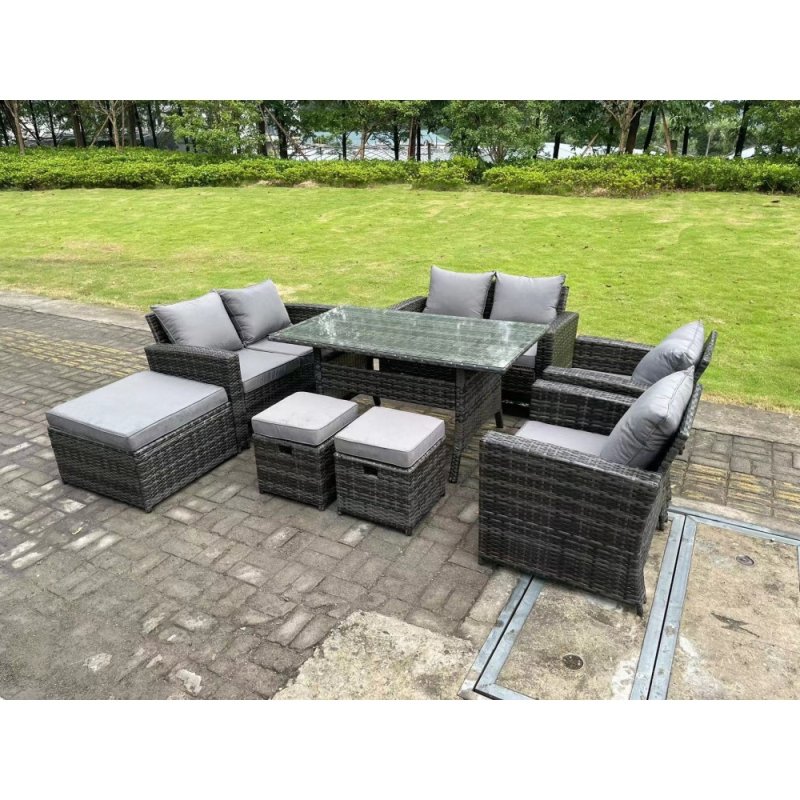 Fimous 9 Seater Dark Grey Mixed High Back Rattan Sofa Set Dining Table Garden Furniture Outdoor With Arm Chair Love Seat