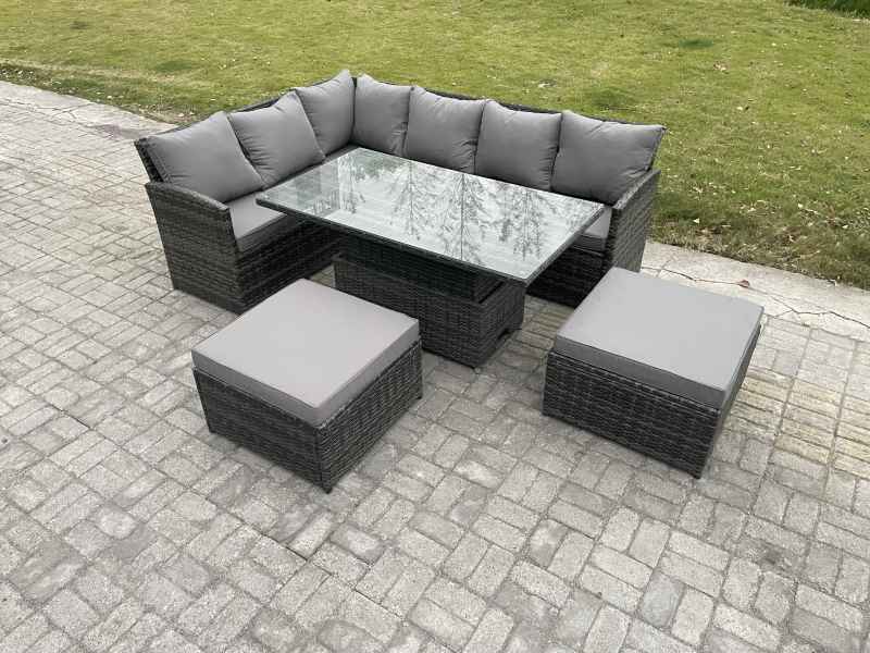 Fimous Outdoor Garden Furniture Set Wicker PE Rattan Height Adjustable Rising Lifting Table Sofa Dining Set with 2 Big Footstool Dark Grey Mixed