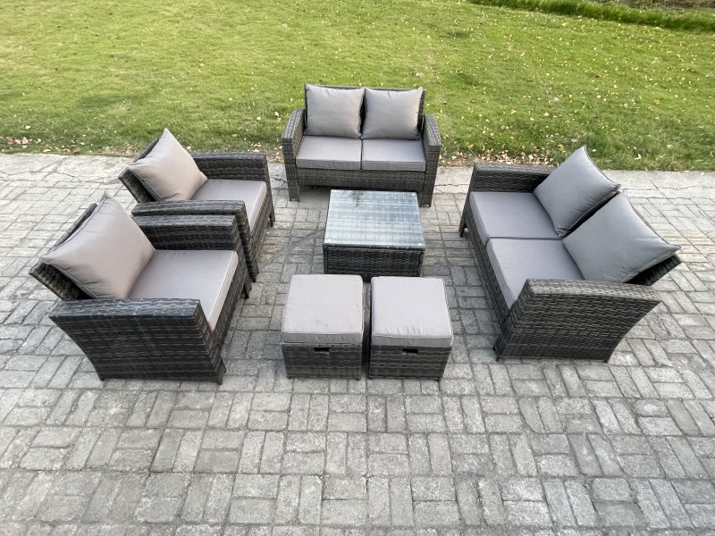 Fimous Rattan Garden Furniture Set Patio Outdoor Lounge Sofa Set with Square Coffee Table Double Seat Sofa 2 Small Footstools Dark Grey Mixed