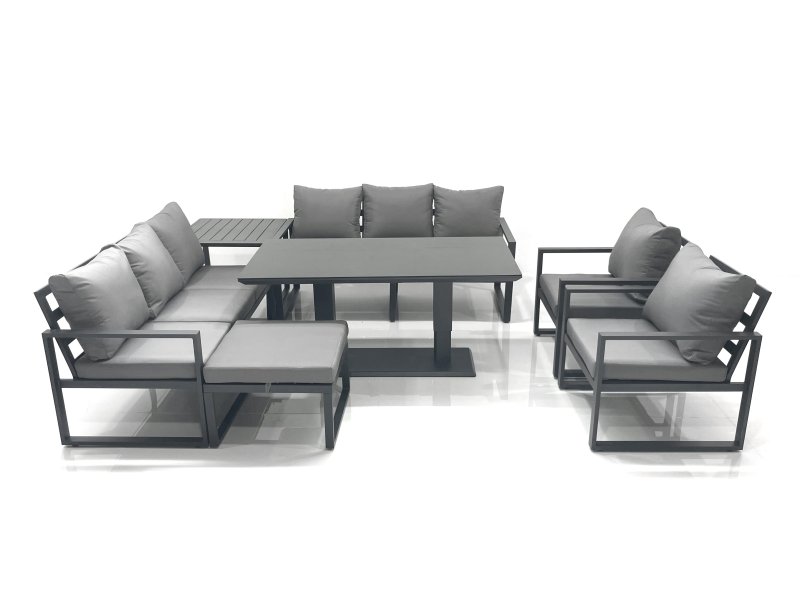 Fimous Garden Sofa Set Aluminium Furniture Rising Dining Tabe Set with 2 Chair Big Footstool Side Table Dark Grey