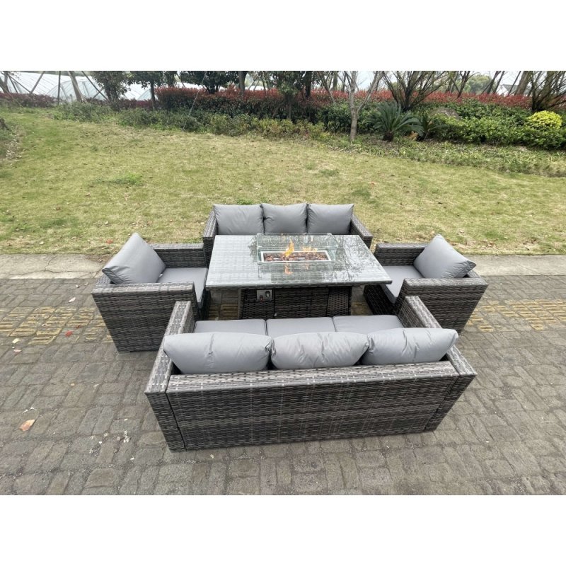 Fimous 8 Seater Outdoor PE Rattan Garden Furniture Gas Fire Pit Dining Table Set Lounge Sofa 2 PC Armchairs Dark Grey Mixed Patio