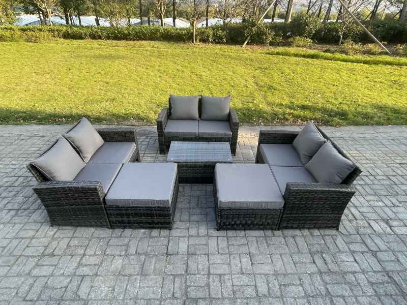 Fimous Rattan Garden Furniture Set 8 Seater Patio Outdoor Lounge Sofa Set with Rectangular Coffee Table 2 Big Footstool Dark Grey Mixed