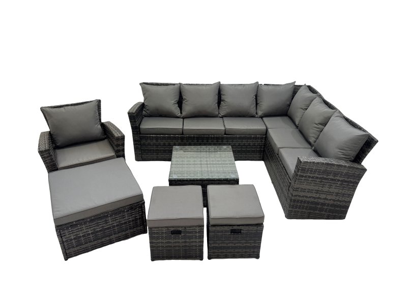 Fimous Rattan Garden Outdoor Furniture Set 10 Seater Garden Sofa Coffee Table Set with Chair 3 Footstools Dark Grey Mixed