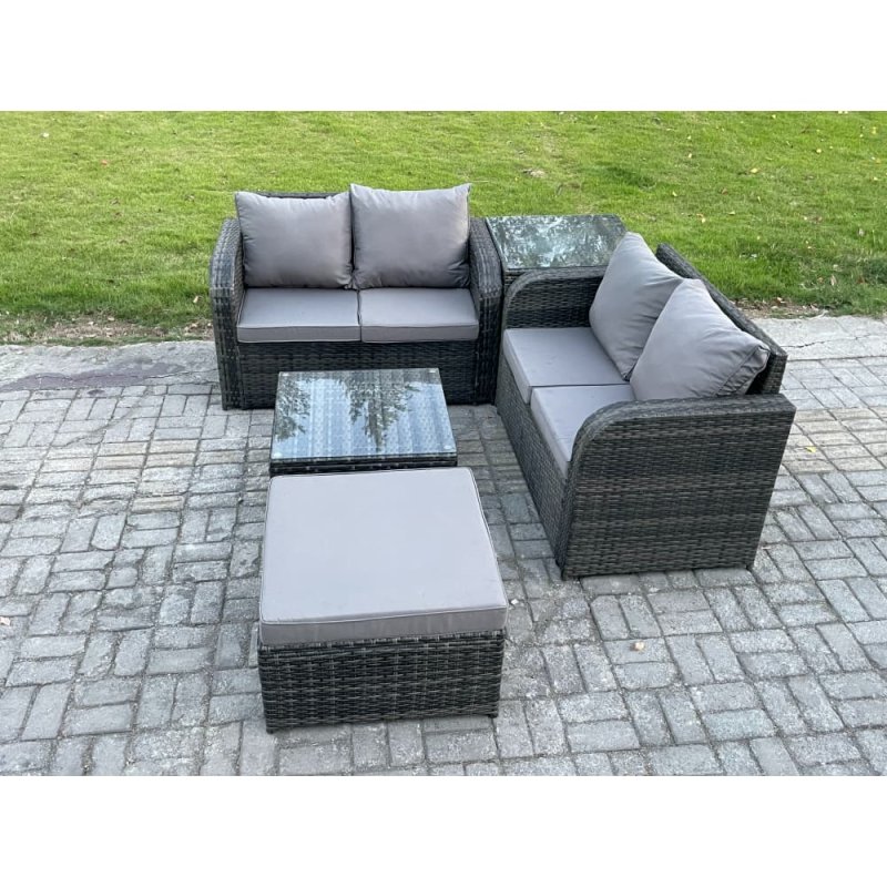 Fimous Rattan Sofa Set Outdoor Garden Furniture Set with Square Coffee Table Loveseat Sofa Big Footstool Side Table Dark Grey Mixed