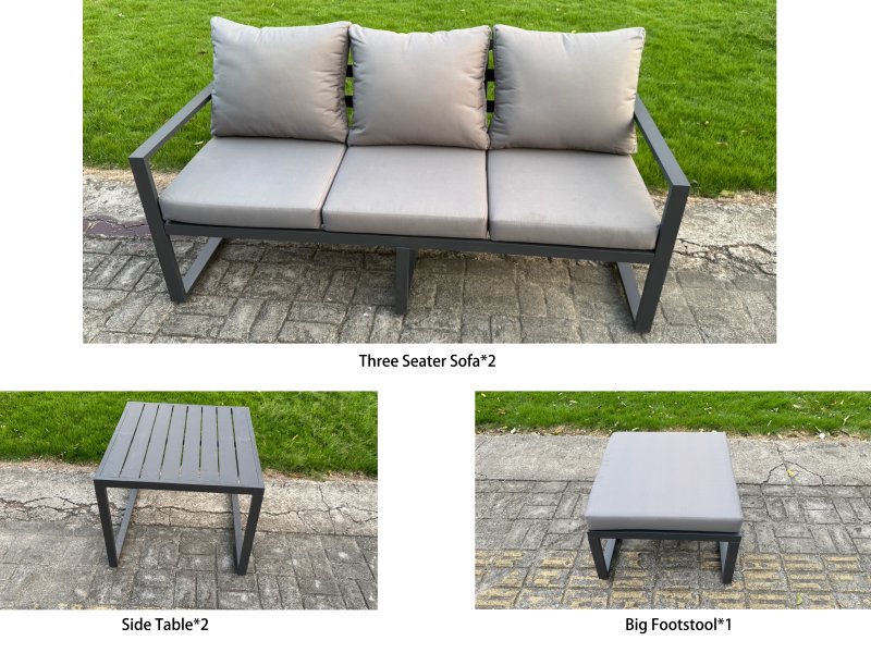Fimous 5 Pieces Garden Furniture Set Aluminium Adjustable Rising Lifting Dining Table and Sofa Set with Side Table Big Footstool Dark Grey